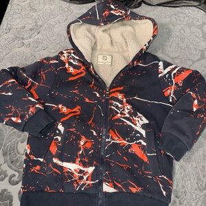 Bumeex Cozy Kids Sherpa lined Hoodie navy & orange camo print EU sz 130 Us 6/7